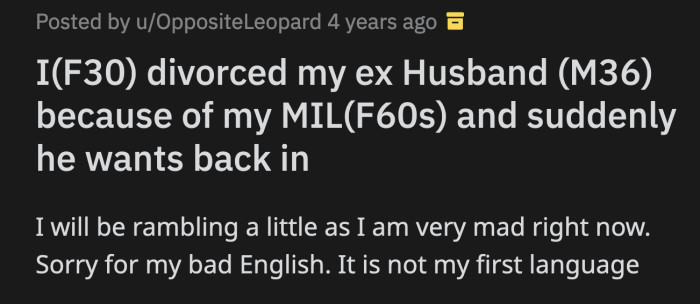 OP left her husband, went to her parent's house, and had a lawyer draft a divorce agreement