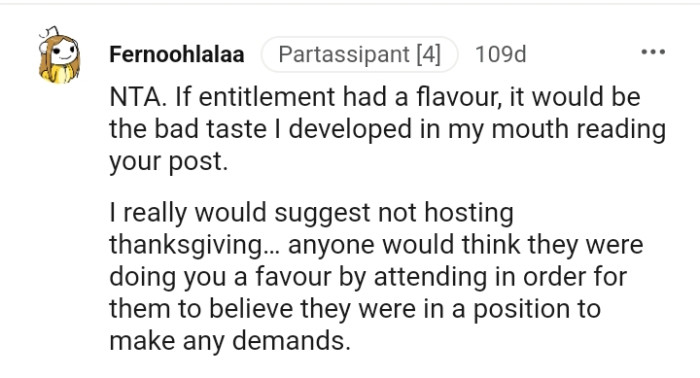 This Redditor is suggesting for the OP not to host Thanksgiving