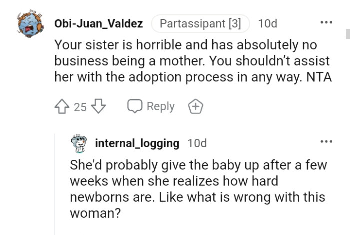 You shouldn't assist her with the adoption process