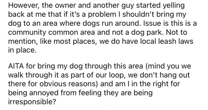But then the dog owner and another man started yelling back at him and said that if it was such a problem, OP shouldn't bring his dog to an area where other dogs are off-leash.