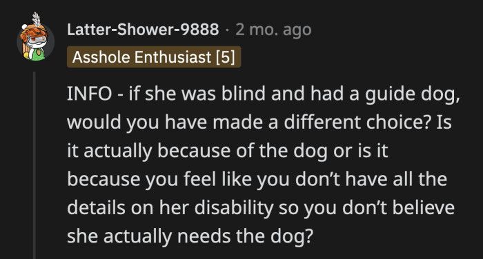OP's post does reek of ableism, and Redditors challenged her views through helpful questions like this one.