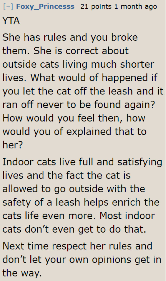 The OP needs to educate herself about why cats shouldn't be left on their own outdoors. Her friend's cat could have been in danger.