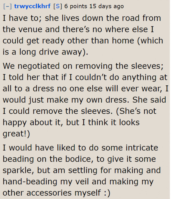 The OP has no choice because her mom's place is the nearest to the venue.