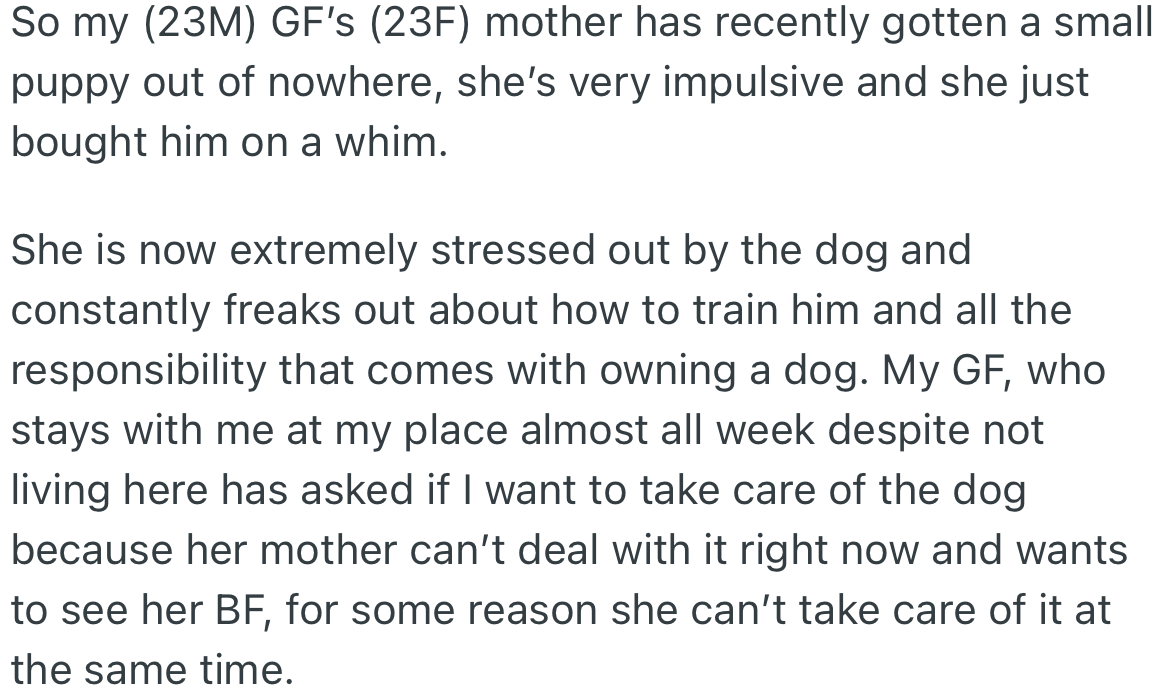 OP’s girlfriend regularly spends almost a week with him at his place. Her MIL got a puppy on a whim and is now stressed out by it.