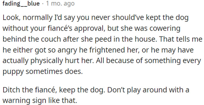 OP should prioritize the dog over the fiancé due to his aggressive reaction to a simple puppy mistake.