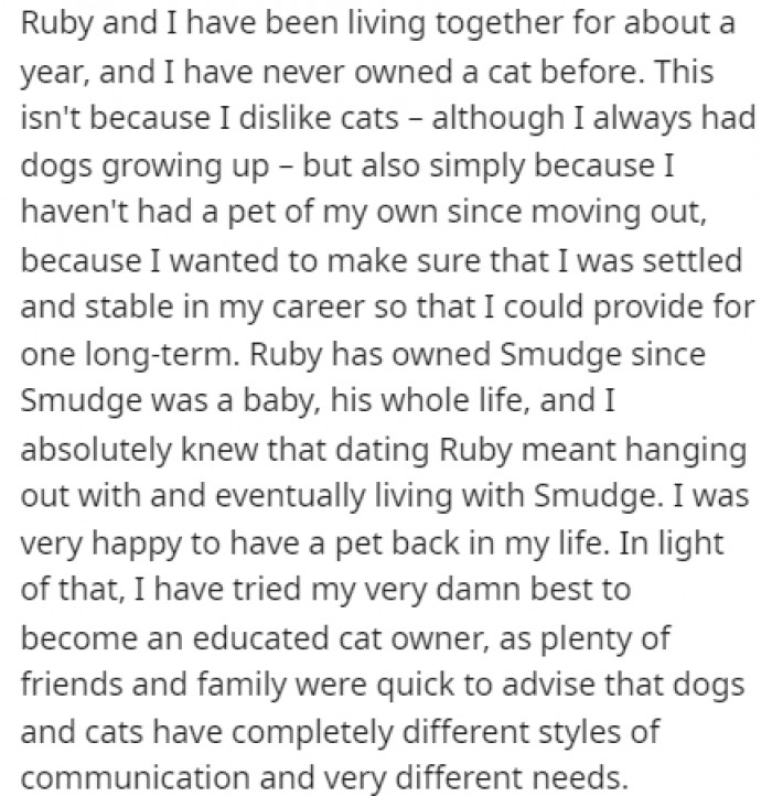 Smudge was a big part of Ruby's life for seven years, so OP was ready to do anything to get Smudge to like her.