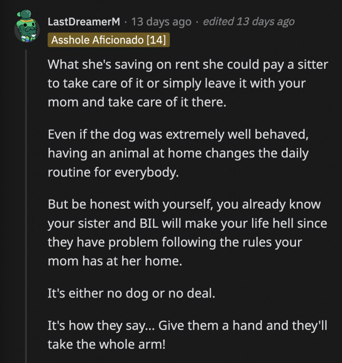 OP offered his home, but with this condition, she has no chip to bargain with since she's the one asking OP for a favor.