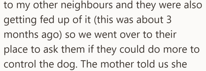 With multiple neighbors involved, addressing it directly felt unavoidable.