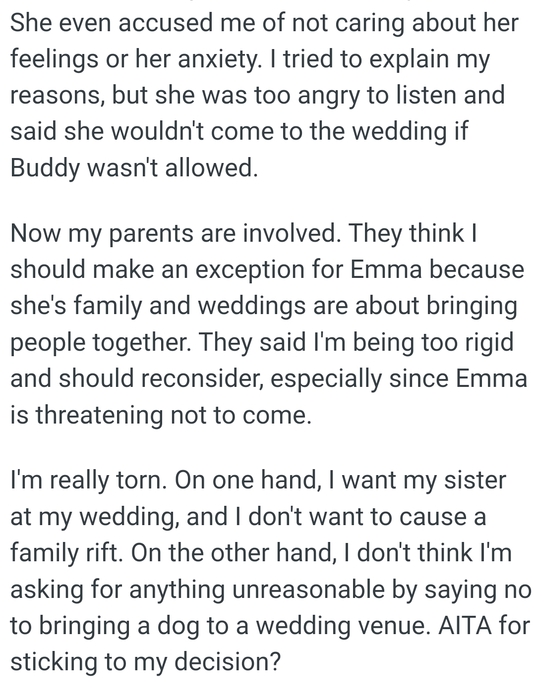 OP's parents thinks she should make an exception for Emma because she's family