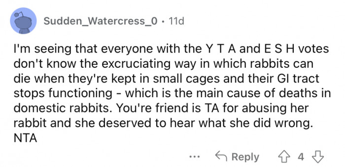 "Your friend is TA for abusing her rabbit."