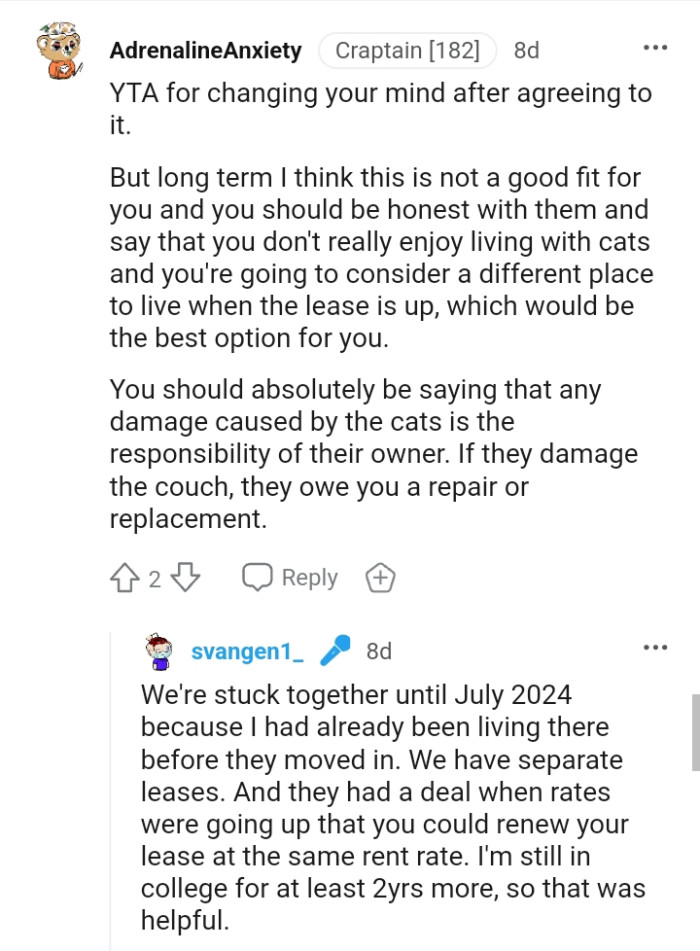 The OP should let them know that any damage caused by the cats is solely their responsibility