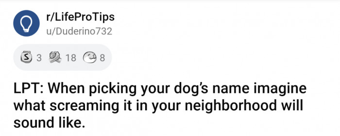 LPT: When picking your dog’s name imagine what screaming it in your neighborhood will sound like.