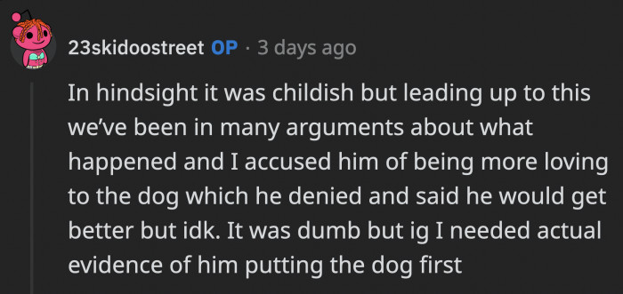 OP admitted that what she did was childish, but she needed to know for sure where Hank's priorities lay