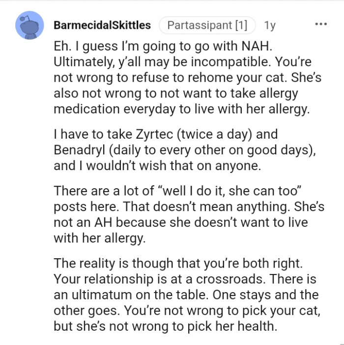 You're not wrong for refusing to re-home your cat