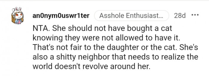 That's not fair to the daughter or the cat