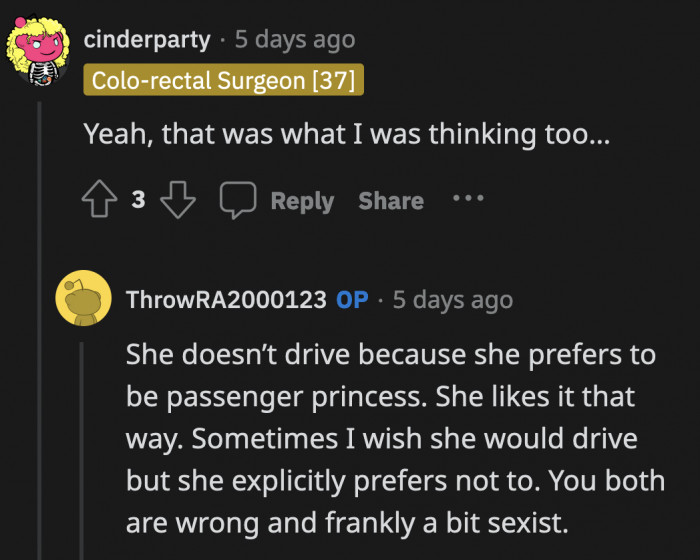 OP said they were sexist for assuming that because it was his girlfriend's choice not to drive in the first place