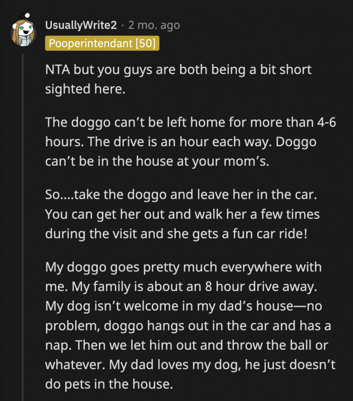 One suggestion is to take the dog with them but leave it in the car while dining with OP's family and then drive home to have their own kind of Christmas.