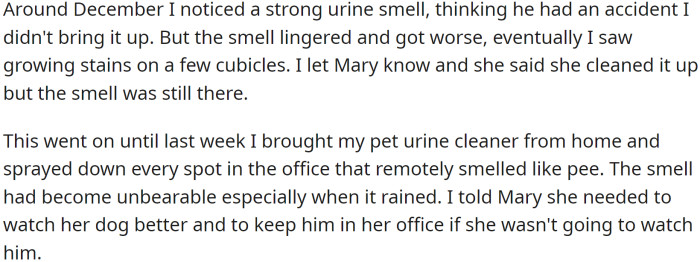 The dog barks and growls at OP, making it hard for her to move around the office comfortably. On top of that, OP noticed a strong urine smell.