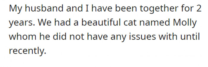 This couple has been together for 2 years, and they own a cat. The husband never complained about their new furbaby until recently.