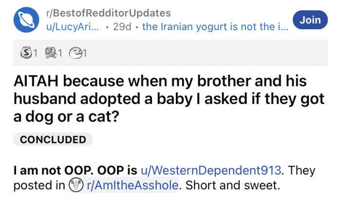 The OP explained that his brother and his husband had recently adopted a son.