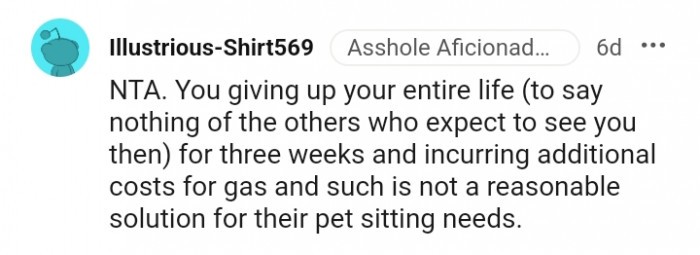 Such is not a reasonable solution for their pet sitting