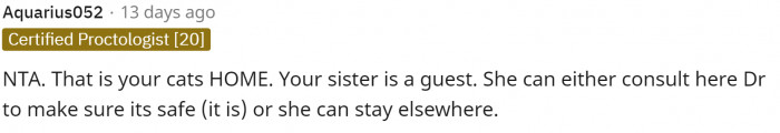 People started off by saying that technically that's also the cat's home and her sister is a guest.
