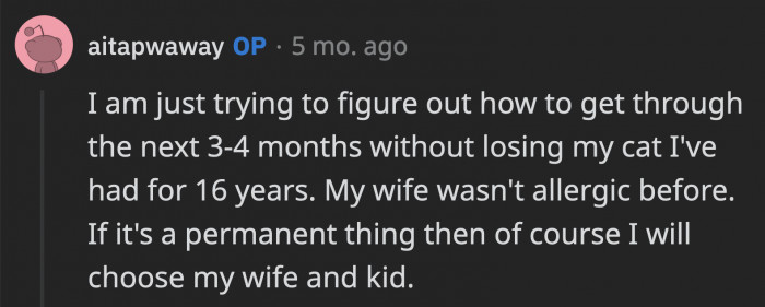 OP did say that he is simply trying to do what he can in a bad situation. He loves his wife as well as his cat, but if the allergy persists, OP said he will choose to rehome his cat, no questions asked.