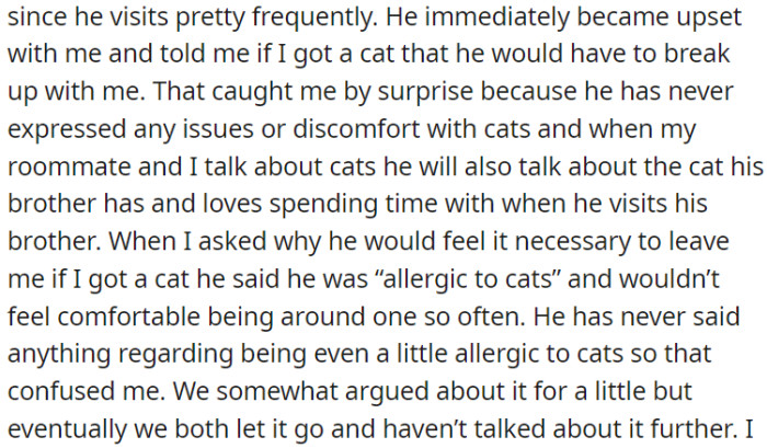 OP's boyfriend became angry and threatened to end their relationship if OP decided to bring a cat into their lives.