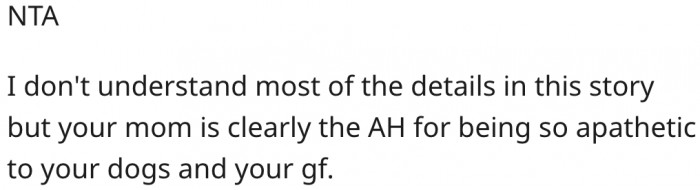 18. His mother is in the wrong for being indifferent about his dogs and girlfriend.