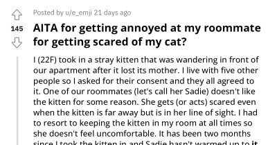Lady Gets Annoyed At Her Roommate For Acting Scared Of Her Cat, Seeks Opinion Online