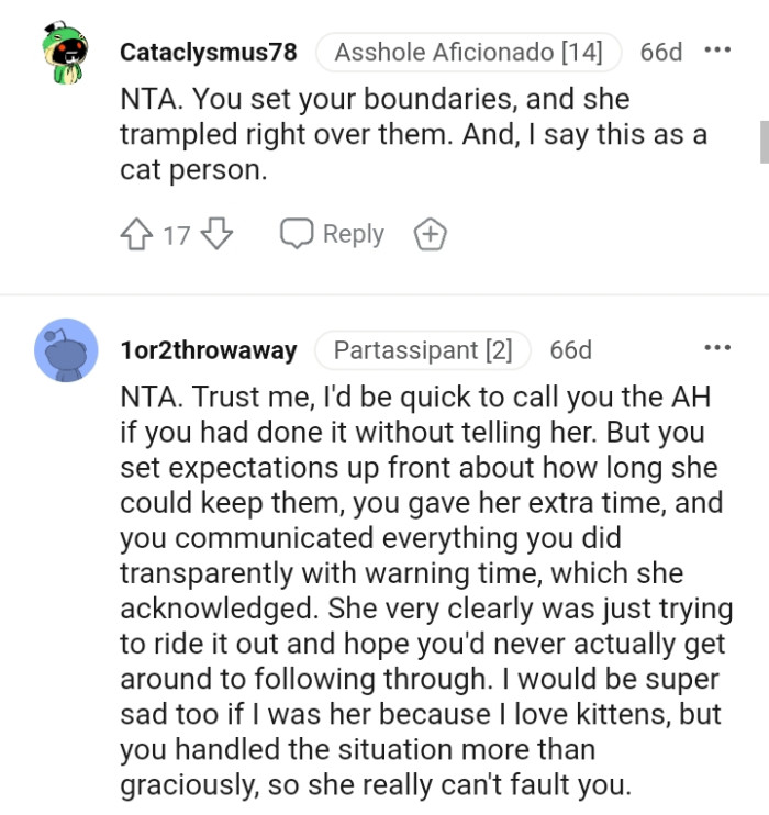 OP set up the expectations upfront about how long GF could keep the cats.