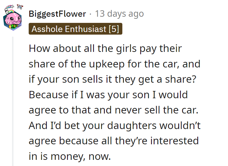Car club idea: girls pay, get a share if sold. Son won't budge; daughters eye cash.