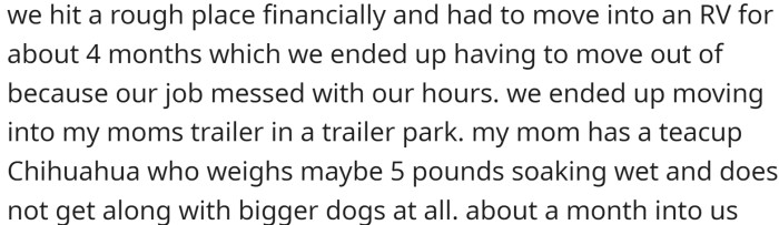 They hit a rough financial patch and had to move into an RV for four months, which they had to move out of due to job conflicts.