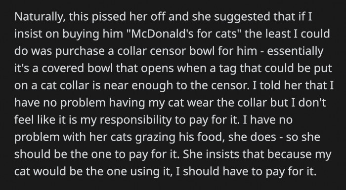 She Said If OP Insists on Feeding Her Pet a 'McDonald's for Cats' Diet, the Least She Could Do Is Buy Him a Collar Sensor Bowl, but OP Refused.