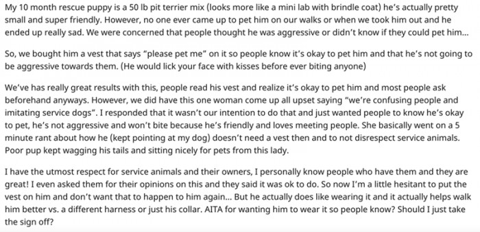 We bought him a vest that says “please pet me”