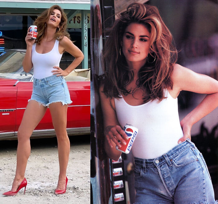 45. Cindy Crawford, at the age of 55, pays homage to her 1992 Pepsi commercial by recreating it.
