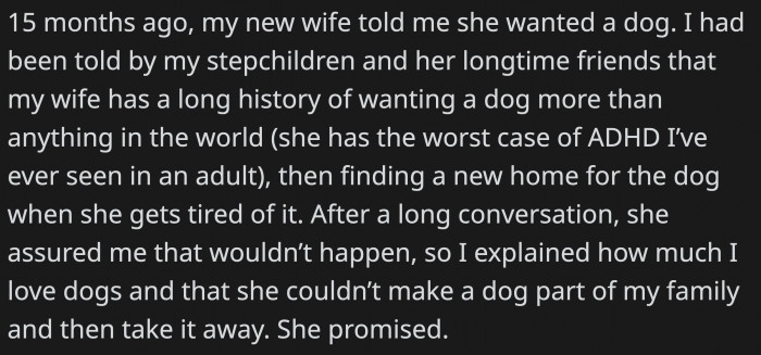 OP's wife has a bad history with rehoming dogs when she doesn't find them adorable anymore