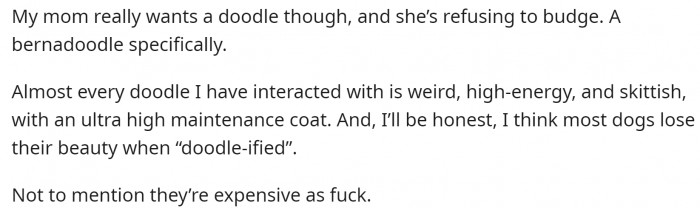 But OP's mom really wants a Bernadoodle. It is a cross between a Bernese Mountain Dog and a Poodle, and the breed has its disadvantages.