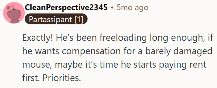“No job, no rent, but yes to compensation”? That’s a bold budgeting strategy.