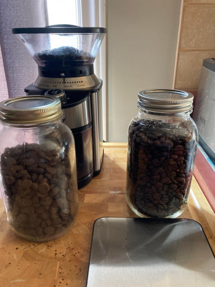 42. My wife likes to keep dog food beside coffee beans. Guess what I did at 5:30 am this morning