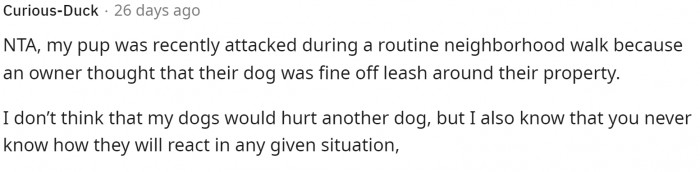 People often believe that their dogs are safe because they are nice to them, but ultimately, they could react in any way to a stranger.