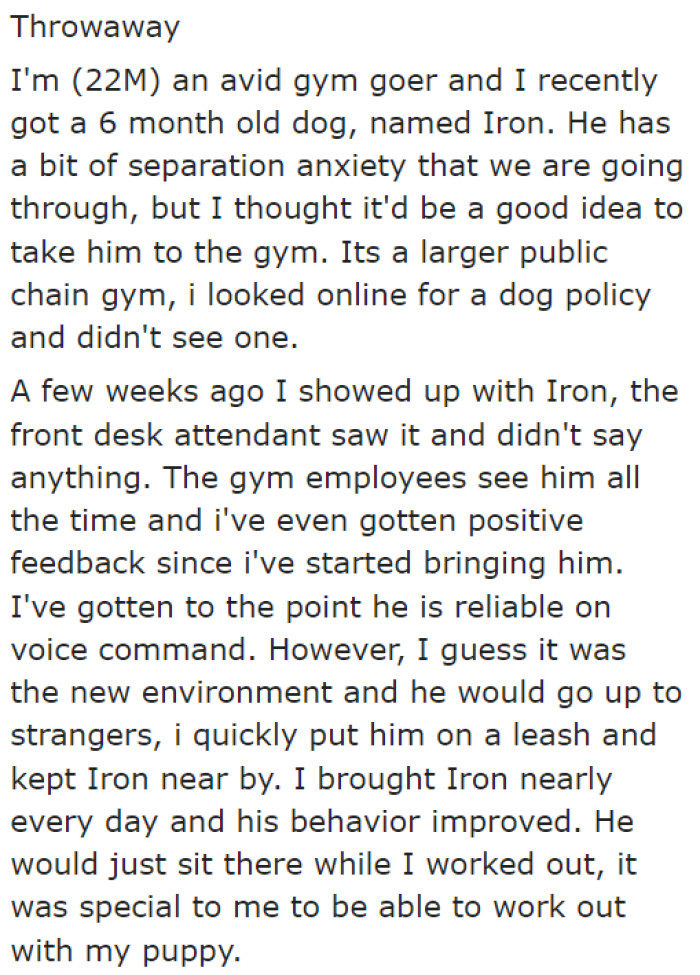 The original poster (OP) takes his dog to the gym regularly because it has separation anxiety.