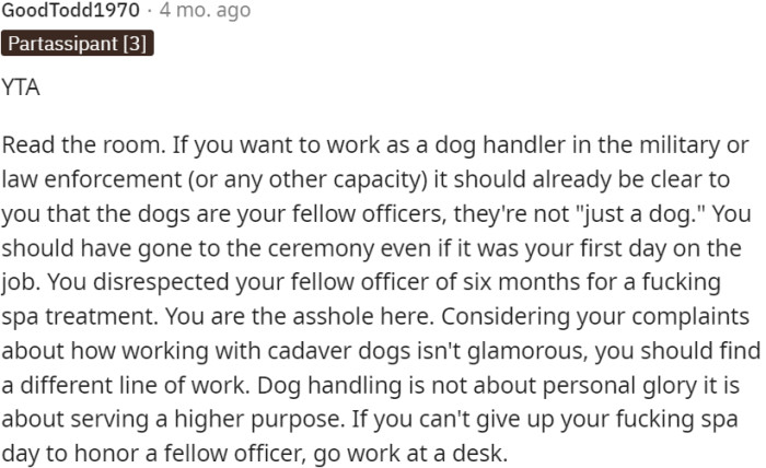 OP should show dedication to her fellow officers and their service