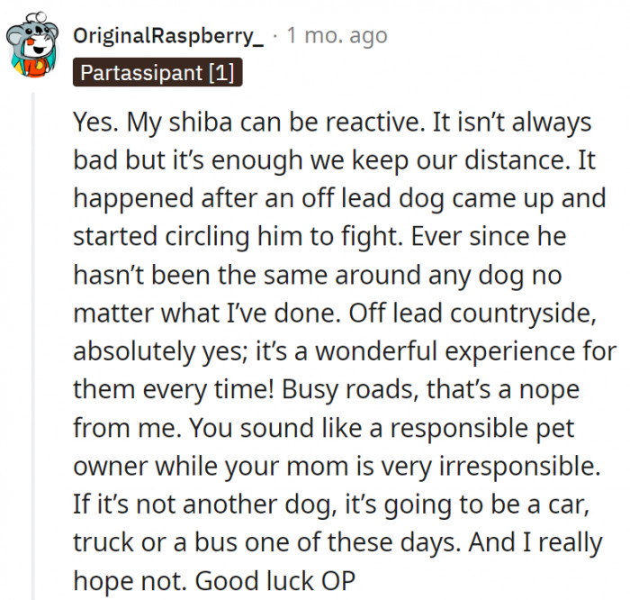 4. OP seems to be doing everything she can to be a responsible dog owner, while her mom seems to be doing the opposite