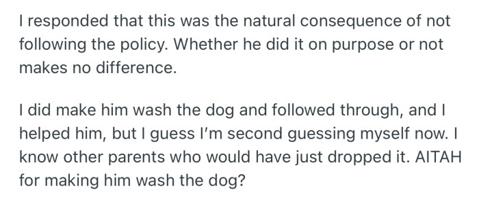OP stood her ground and made him wash the dog. However, she’s second her actions and needs the Reddit community’s opinion on this