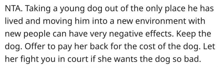 9. He should keep the dog because a change in environment could negatively affect the dog.