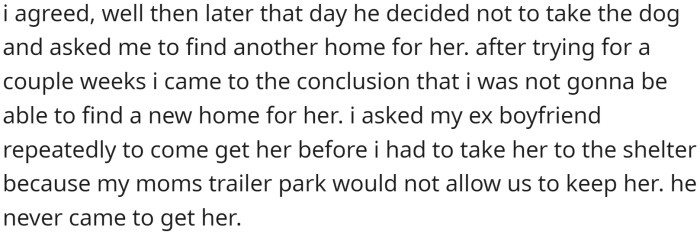 He left his dog with OP but later asked her to find a new home for the dog.