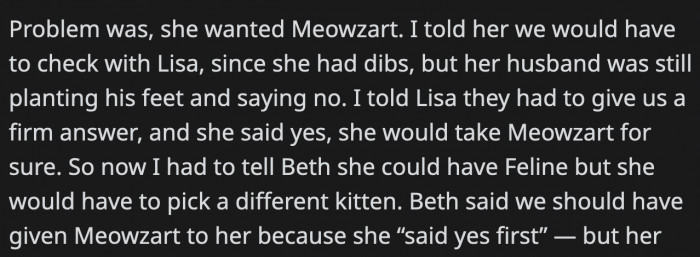 When Beth found out she couldn't get the kitten she wanted, she told OP that what they did was wrong