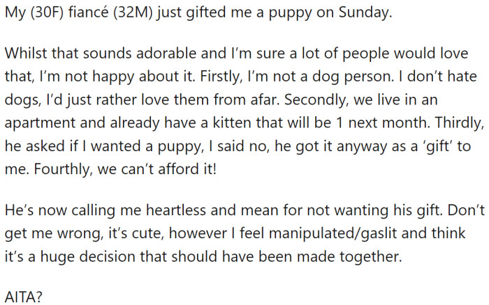 OP received an unexpected gift from her fiancé: a puppy. Although many people might find this gesture adorable, OP is unhappy with it for several reasons.