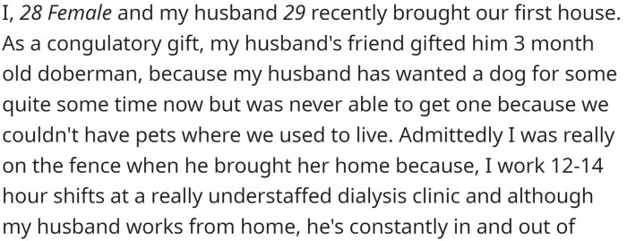 She and her husband bought their first house. And his friend gave him a Doberman puppy as a housewarming gift.